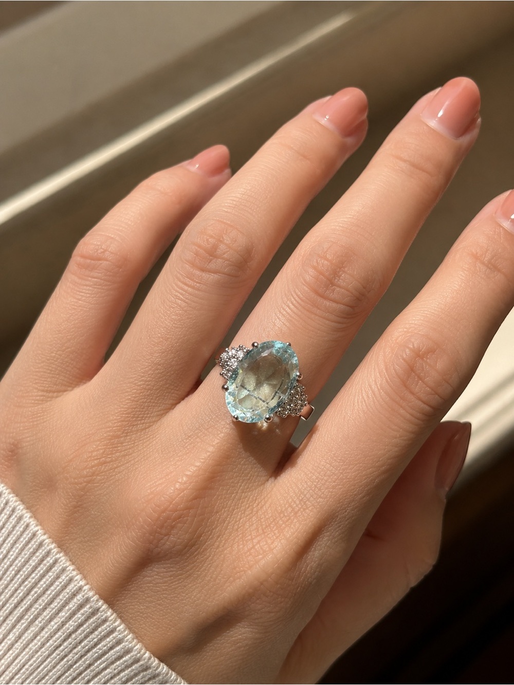Aquamarine Oval Cocktail Ring with Pavé Accents
